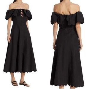 NWOT SEA New York Leona Off Shoulder Scalloped Cotton/Linen Midi Dress Black 8